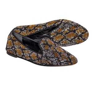 Brian Atwood - Black, Gold, & Silver Crystal Studded Leather Loafers Size 6.5